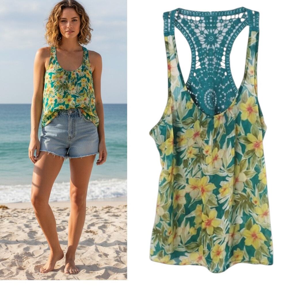Tropical Floral Tank Top Women's Small Blue Chiffon Lace T-Back New